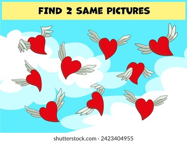 Find two same pictures, education game for children. Vector colorful set of flying hearts