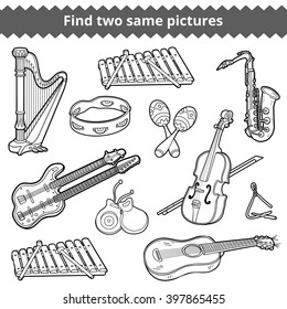 Find two same pictures, education game for children. Vector black and white musical instruments