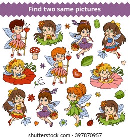 Find two same pictures, education game for children. Vector colorful characters of fairies