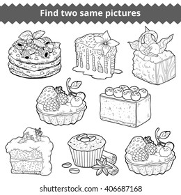 Find two same pictures, education game for children. Vector colorless set of cakes and cupcakes