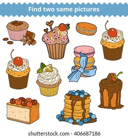 Find two same pictures, education game for children. Vector color set of cakes and cupcakes