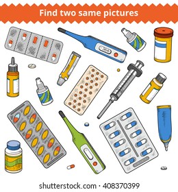 Find two same pictures, education game for children. Medical vector color set