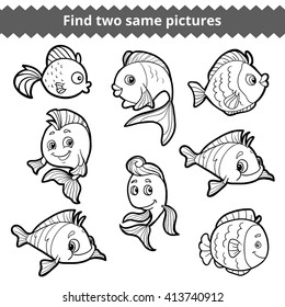 Find two same pictures, education game for children. Vector black and white set of fishes
