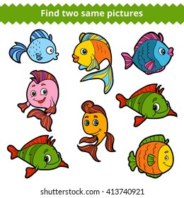 Find two same pictures, education game for children. Vector color set of fishes