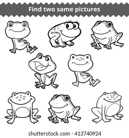 Find two same pictures, education game for children. Vector black and white set of frogs