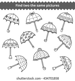Find two the same pictures, education game for children. Black and white set of umbrellas