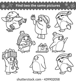 Find two the same pictures, education game for children. Set of penguins with Christmas gifts