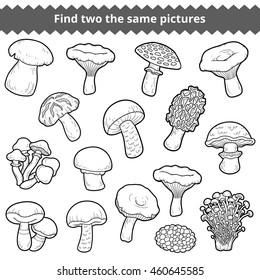 Find two the same pictures, education game for children. Vector black and white set of mushrooms