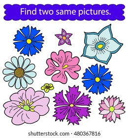 Find two same pictures, education game for  children.Vector color set of flowers.