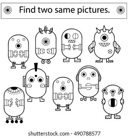 Find two same pictures, education game for  children.Vector black and white a set of robots.