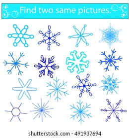 Find two same pictures, education game for  children. Color vector illustration. Snowflakes Set.