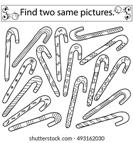 Find two same pictures, education game for  children.Vector black and white  set of Christmas decorations, candy canes.