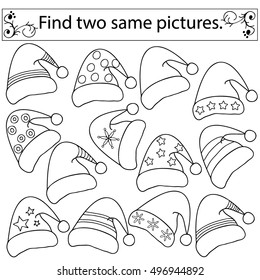 Find two same pictures, education game for  children.Vector black and white  Christmas set of caps.