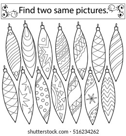 Find two same pictures, education game for  children.Vector black and white set of Christmas decorations.