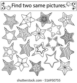Encontre duas mesmas imagens, educação jogo para children.Vetor preto e branco conjunto de estrelas de Natal.
