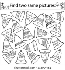 Find two same pictures, education game for  children.Vector black and white set of Christmas bell.