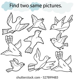 Find two same pictures, education game for  children.Vector black and white set of birds.