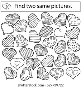 Find two same pictures, education game for  children.Vector black and white,  set of  decorative hearts.  Valentine's Day.