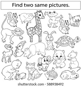 Find two same pictures, education game for  children.Vector black and white  set of animals.