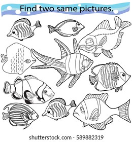 Find two same pictures, education game for  children.Vector black and white.  Set fish.