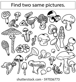 Find two same pictures, education game for  children.Vector black and white.  A set of mushrooms.