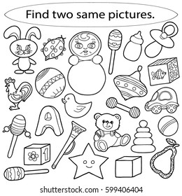 Find two same pictures, education game for  children.Vector black and white. Colored Vector illustration.  A set of toys for children. Cubes, rattles, pyramid, ball, doll, bear cub,