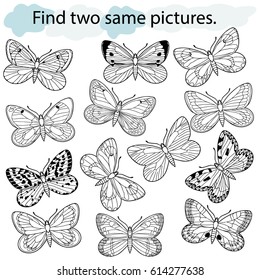 Find two same pictures, education game for  children.Vector black and white.  Set of  insects, butterflies, 