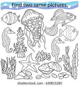 Find two same pictures, education game for  children.Vector black and white.   Sea animals. 