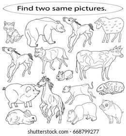 Find two same pictures, education game for  children.Vector black and white.  Pets, wild animals.