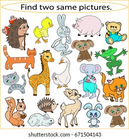 Find two same pictures, education game for  children. Set of animals. Color vector illustration.