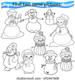 Find two same pictures, education game for  children.Vector black and white set snowmen.