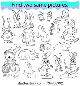 Find two same pictures, education game for  children. Set of hares.  Black and white vector illustration.