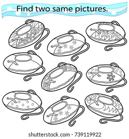 Find two same pictures, education game for  children.  A set of tubing.  Black and white vector illustration.