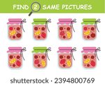 Find two same pictures educational game for kids. Compote, jam in a jar, fruits, berries.  Vector isolated flat illustration.