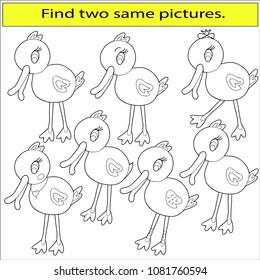 Find two same pictures, educational game, coloring for children. Bird. Black and white vector illustration.