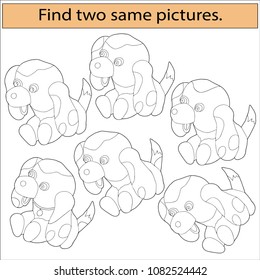 Find two same pictures, educational game, coloring for children. Pets.  Funny puppy. Hand drawn. Black and white vector illustration.