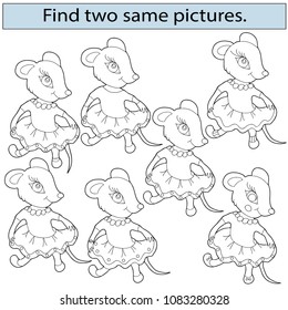 Find two same pictures, educational game, coloring for children. A funny mouse. Hand drawn. Black and white vector illustration.