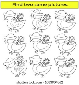 Find two same pictures, educational game, coloring for children. Duck with a flower. Hand drawn. Black and white vector illustration.