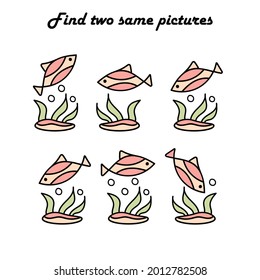 Find two same pictures. Educational  game for children. Underwater world, fish and algae. Logical worksheet for preschool kids. Vector illustration.