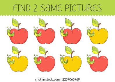 Find two same pictures is an educational game for kids with apple and caterpillar. Cute cartoon apple with worm. Vector illustration.