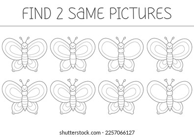 Find two same pictures is an educational game for kids with butterfly. Cute butterfly coloring book. Vector illustration.