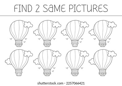 Find two same pictures is an educational game for kids with airship. Cute airship coloring book. Vector illustration.