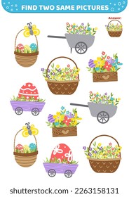 Find two same pictures. Educational game for kids with Easter basket and Easter eggs. Spot two identical pictures. Cartoon, flat. Isolated vector illustration eps