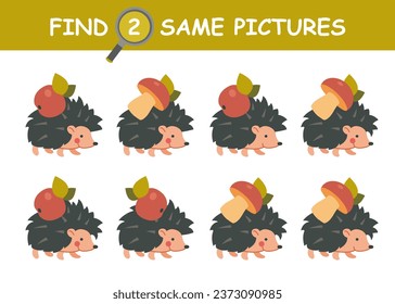 Find two same pictures educational game for kids. Cute cartoon hedgehog, apple, mushroom.  Vector isolated flat illustration.