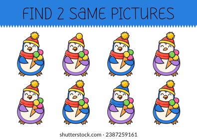 Find two same pictures is an educational game for kids with cute penguin with ice cream. Cute cartoon penguin. Vector illustration