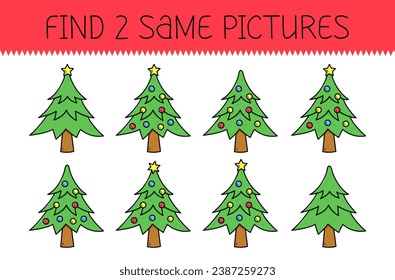 Find two same pictures is an educational game for kids with cute christmas tree. Cute cartoon christmas tree. Vector illustration