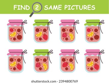 Find two same pictures educational game for kids. Compote, jam in a jar, fruits, berries.  Vector isolated flat illustration.