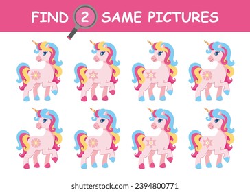 Find two same pictures educational game for kids. Cute cartoon unicorn.  Vector isolated flat illustration.