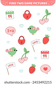 Find two same pictures. Educational game for kids with bird, berries, lock, flag, calendar. Spot two identical pictures. Cartoon. Isolated vector illustration eps
