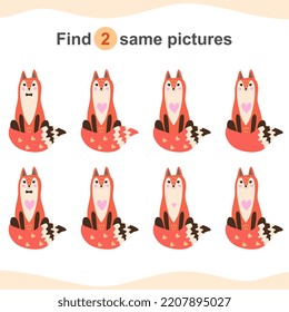 Find two same pictures with foxes. Educational game for children. 